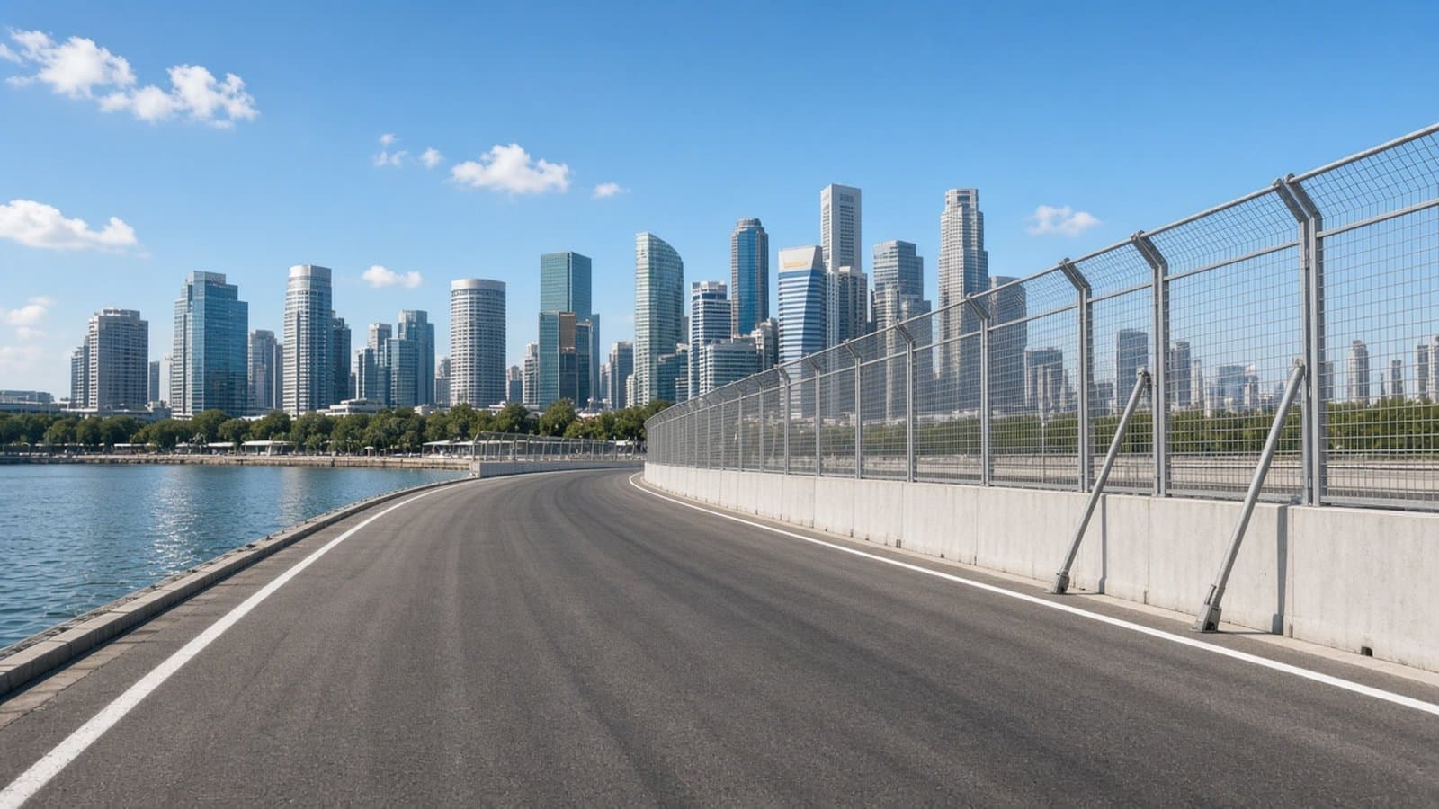 Circuito urbano de Marina Bay vacío durante el día, recta junto a la bahía con muros y vallas sin publicidad ni logos, rascacielos al fondo