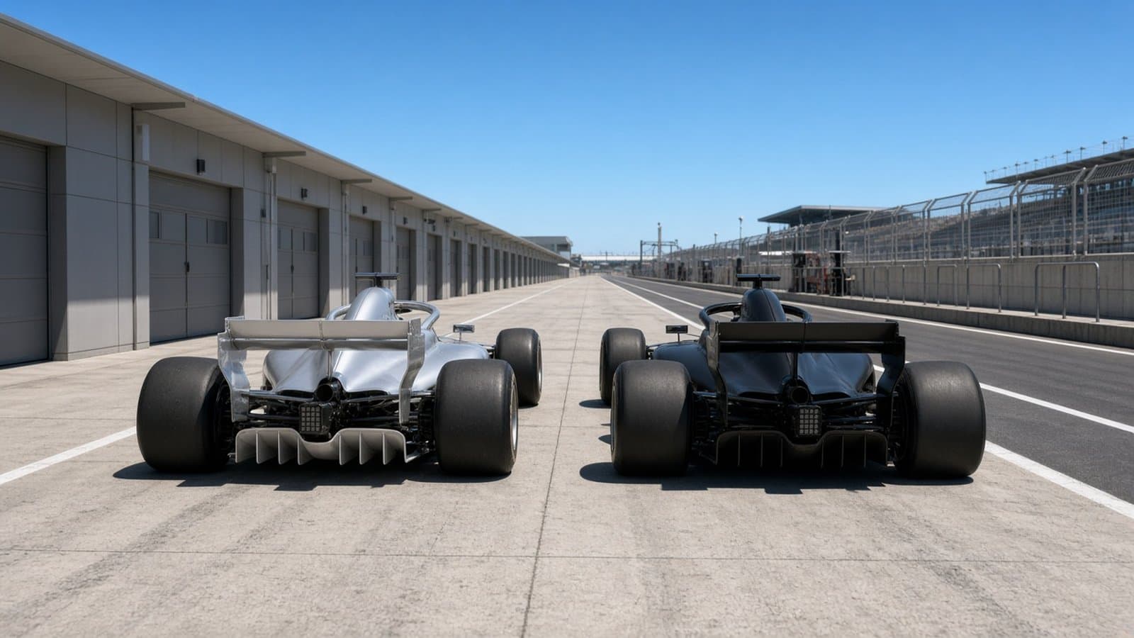 Dos monoplazas genéricos plateado y gris oscuro detenidos en un pit lane vacío de día, sin logos, números ni pilotos visibles