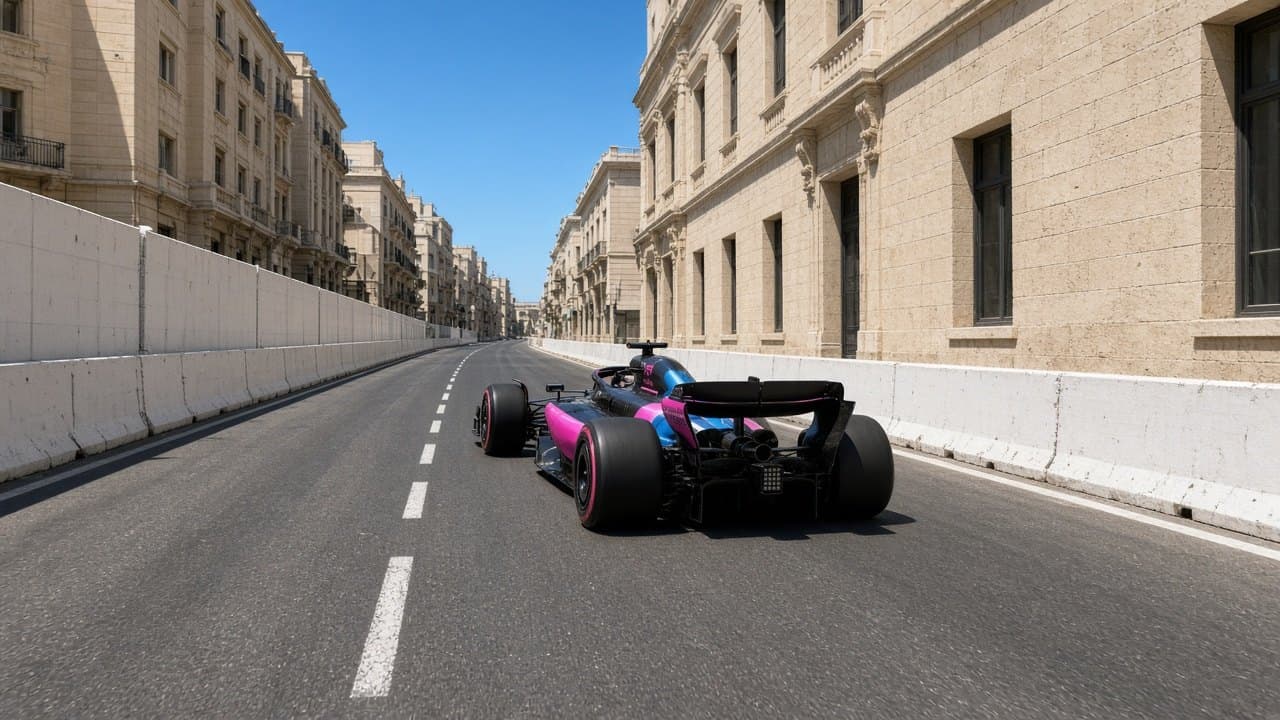 Recta diurna de un circuito urbano entre muros de piedra, con un monoplaza negro, rosa y azul al fondo