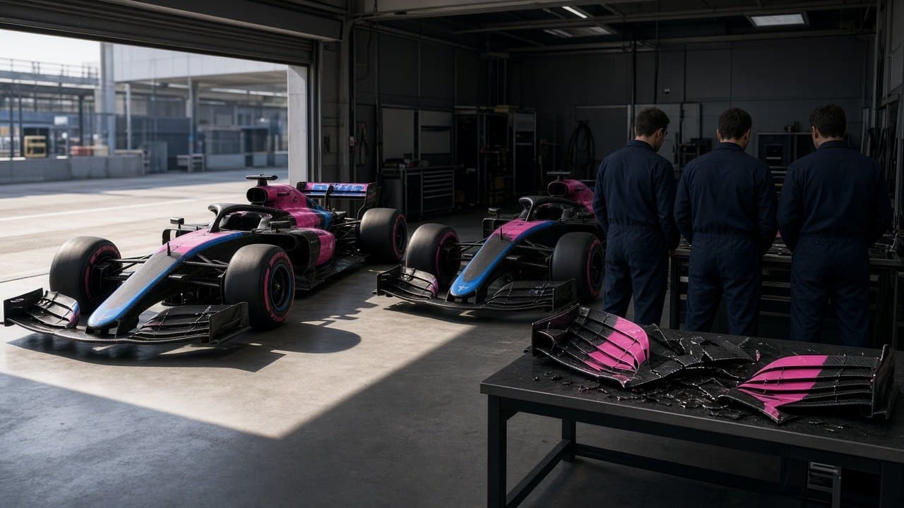 Garaje de día tras un doble abandono: dos monoplazas negros con rosa y franjas azules, mecánicos de espaldas y un alerón dañado