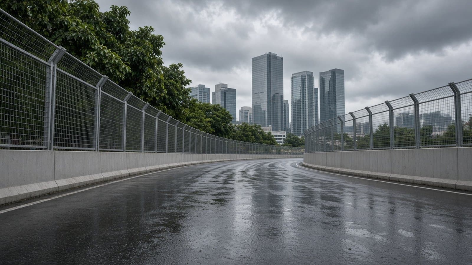 Curva de un circuito urbano vacío con asfalto mojado, muros de hormigón y vallas sin publicidad bajo nubes de tormenta durante el día, sin logos