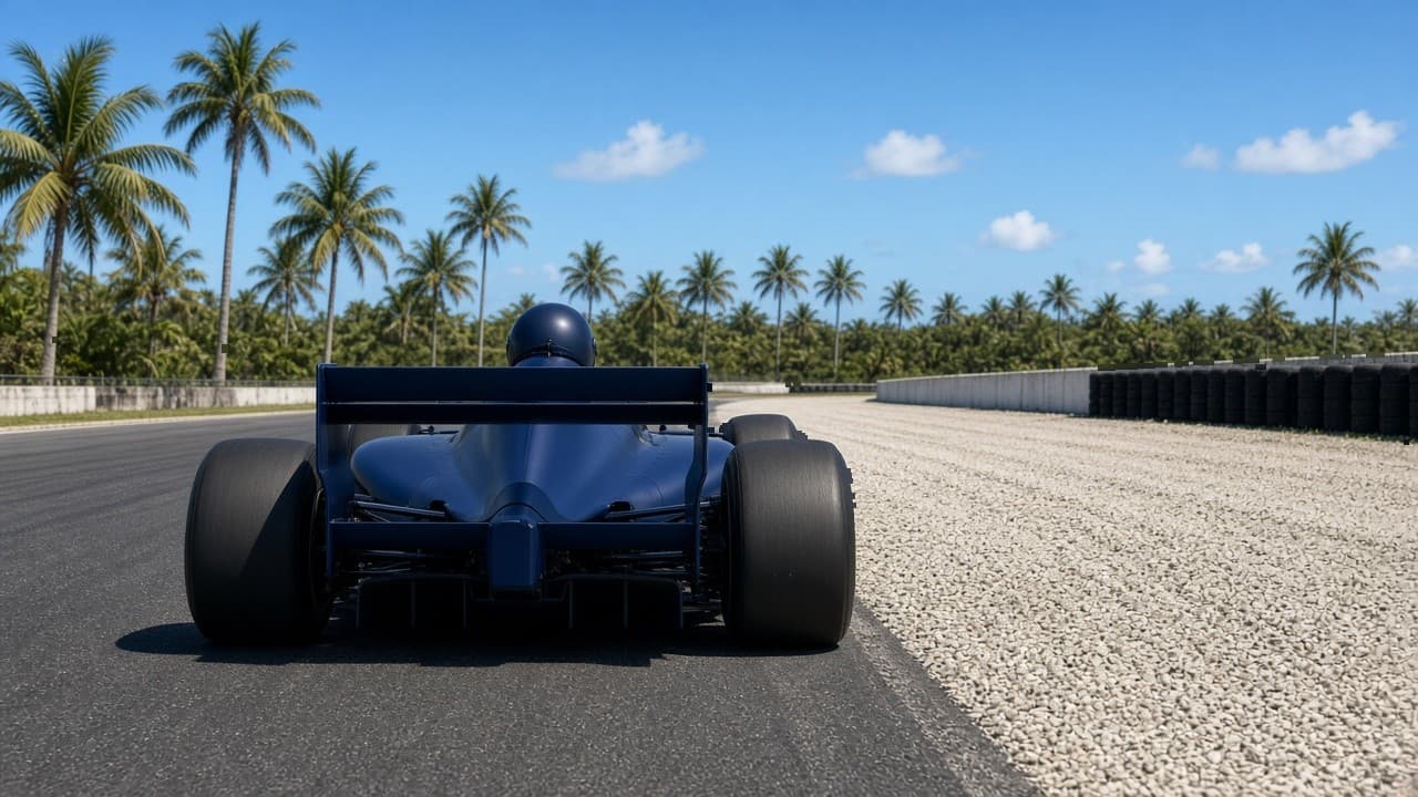 Monoplaza azul marino genérico sin logos ni números, visto desde atrás con el casco oscuro y la visera bajada, detenido junto a una trampa de grava en un circuito tropical de día