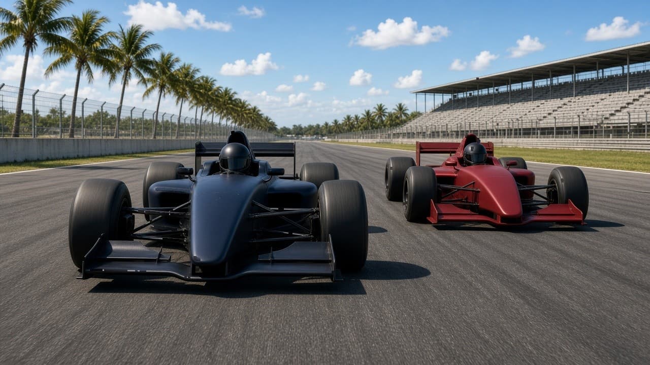 Dos monoplazas genéricos, uno azul marino y otro rojo, sin logos ni números, vistos desde atrás en una recta de circuito tropical de día; los cascos van con la visera bajada y no se ve ningún rostro