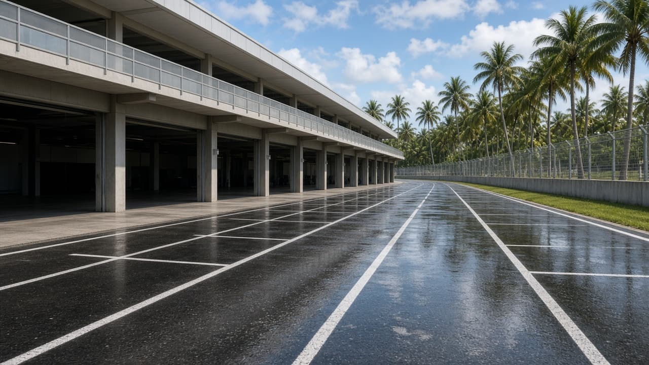 Pit lane vacío de circuito tropical de día tras la lluvia, asfalto reflectante, boxes sin marcas ni logos, palmeras al fondo