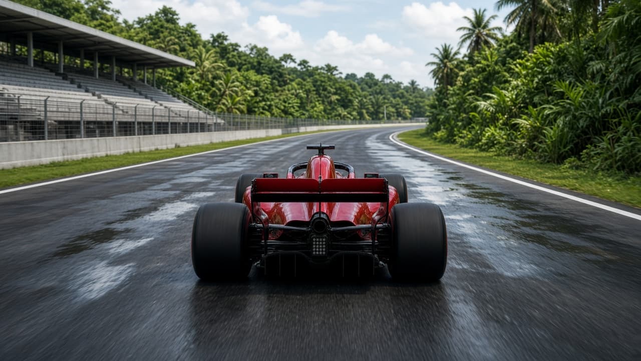 Monoplaza rojo genérico sin logos ni números visto desde atrás en asfalto húmedo de circuito tropical de día, casco oscuro sin rostro visible