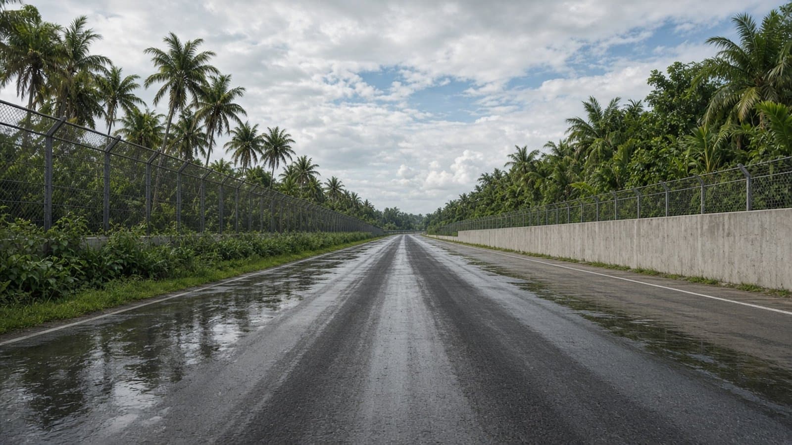 Recta de un circuito tropical vacío durante el día después de la lluvia, con el asfalto secándose en la trazada y palmeras al fondo, sin publicidad ni logos
