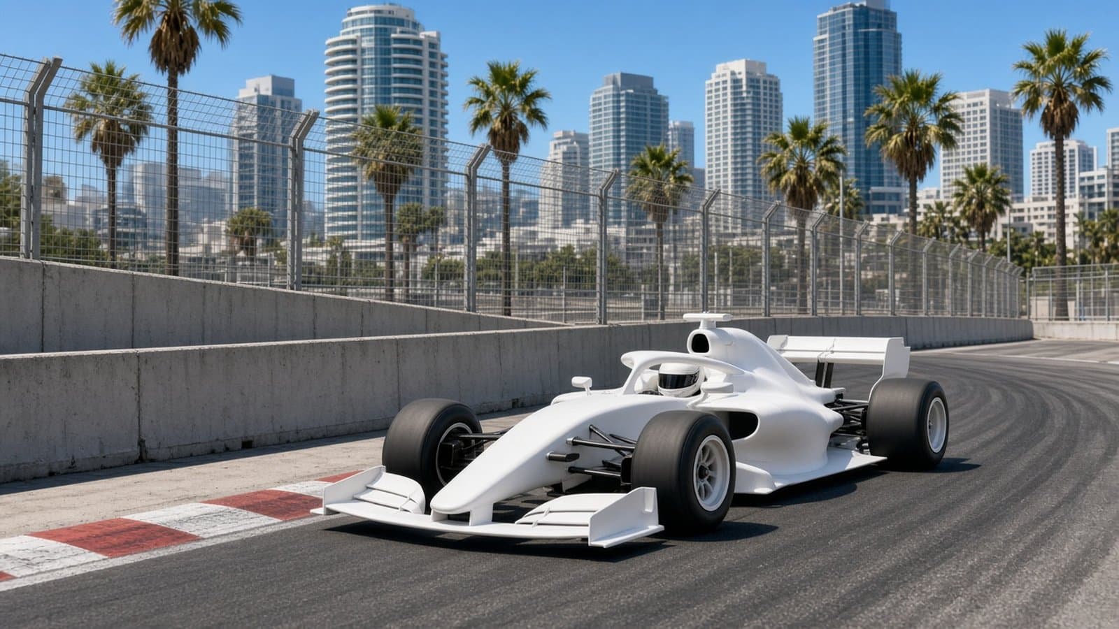 Monoplaza genérico blanco sin logos ni números trazando una curva lenta entre muros de concreto de un circuito urbano a plena luz del día