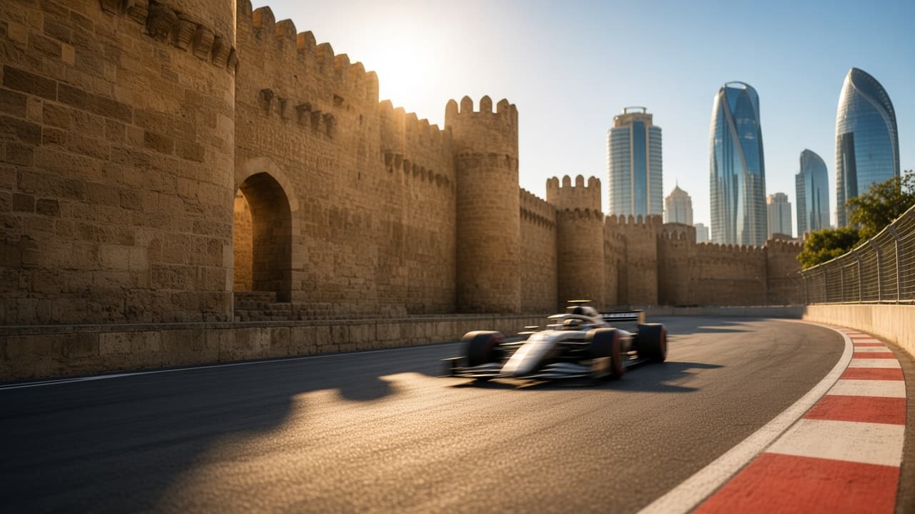 Circuito urbano de Bakú de día, con las murallas de la Ciudad Vieja y las Flame Towers