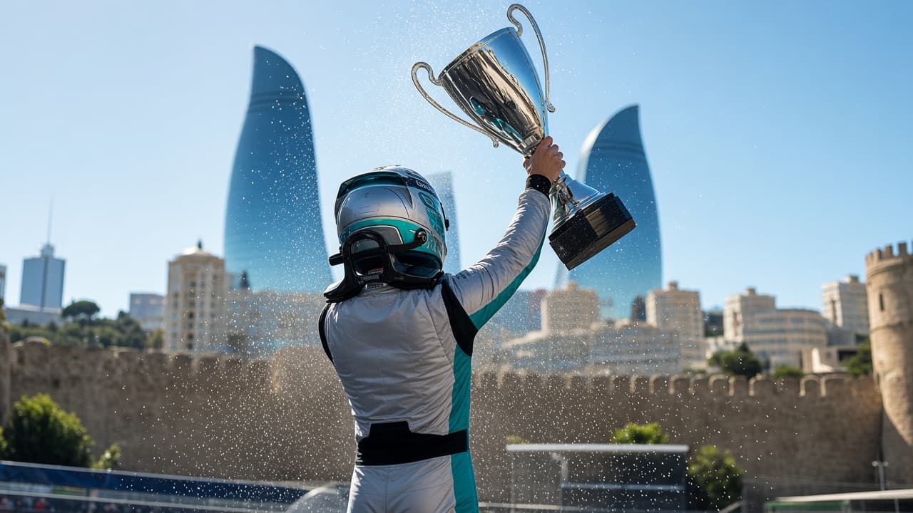 Piloto de espaldas, con el casco puesto, levanta el trofeo frente a las Flame Towers