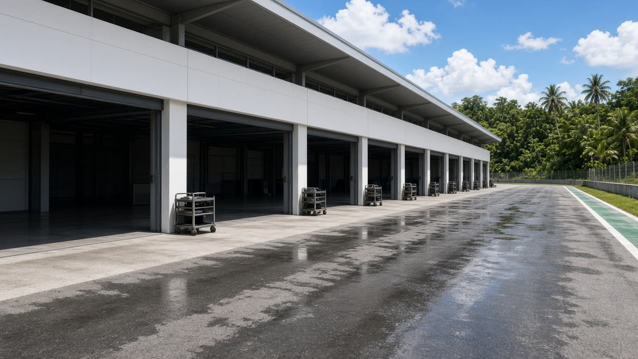 Pit lane vacío de circuito tropical de día, asfalto aún húmedo, boxes sin marcas ni logos, palmeras al fondo