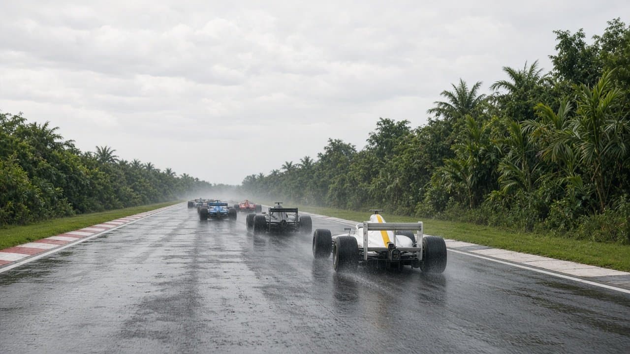 Pista de Sepang de día bajo cielo nublado, asfalto mojado con charcos y monoplazas genéricos sin logos rodando despacio detrás de un coche de seguridad sin marcas