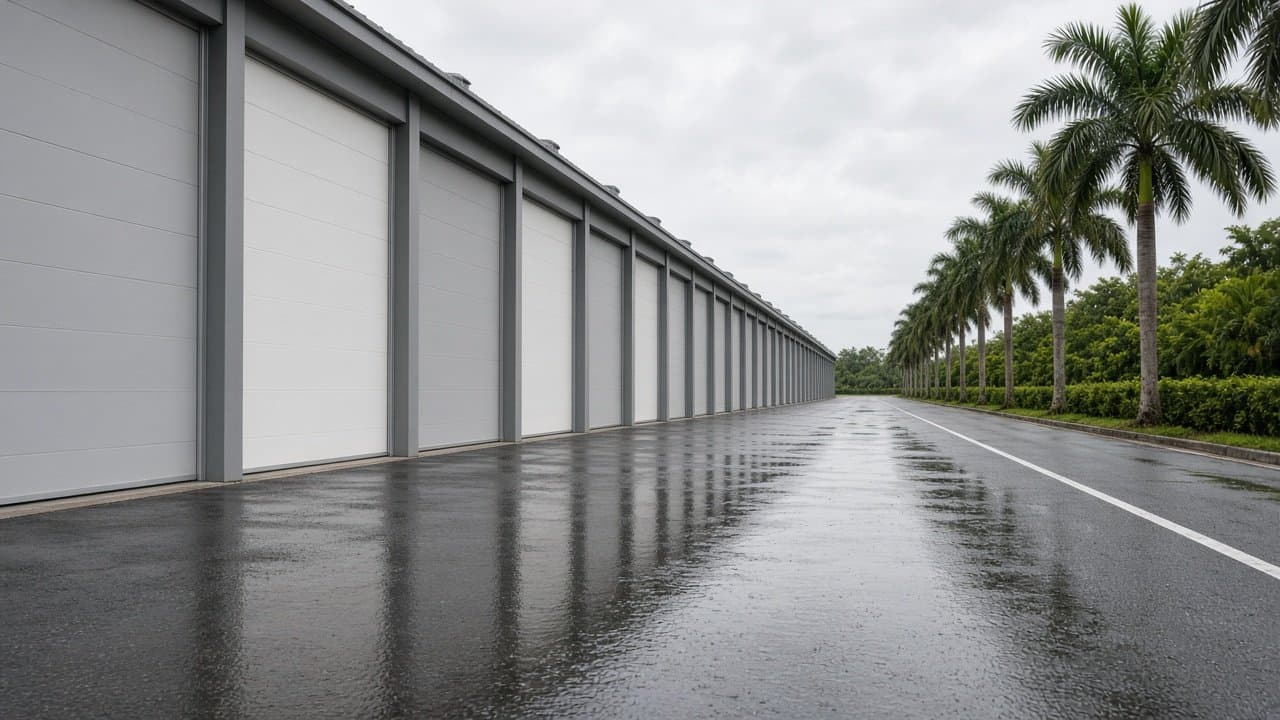 Pit lane vacío de un circuito tropical de día, asfalto brillante por la lluvia reciente, boxes cerrados y gradas pétalo al fondo sin gente reconocible