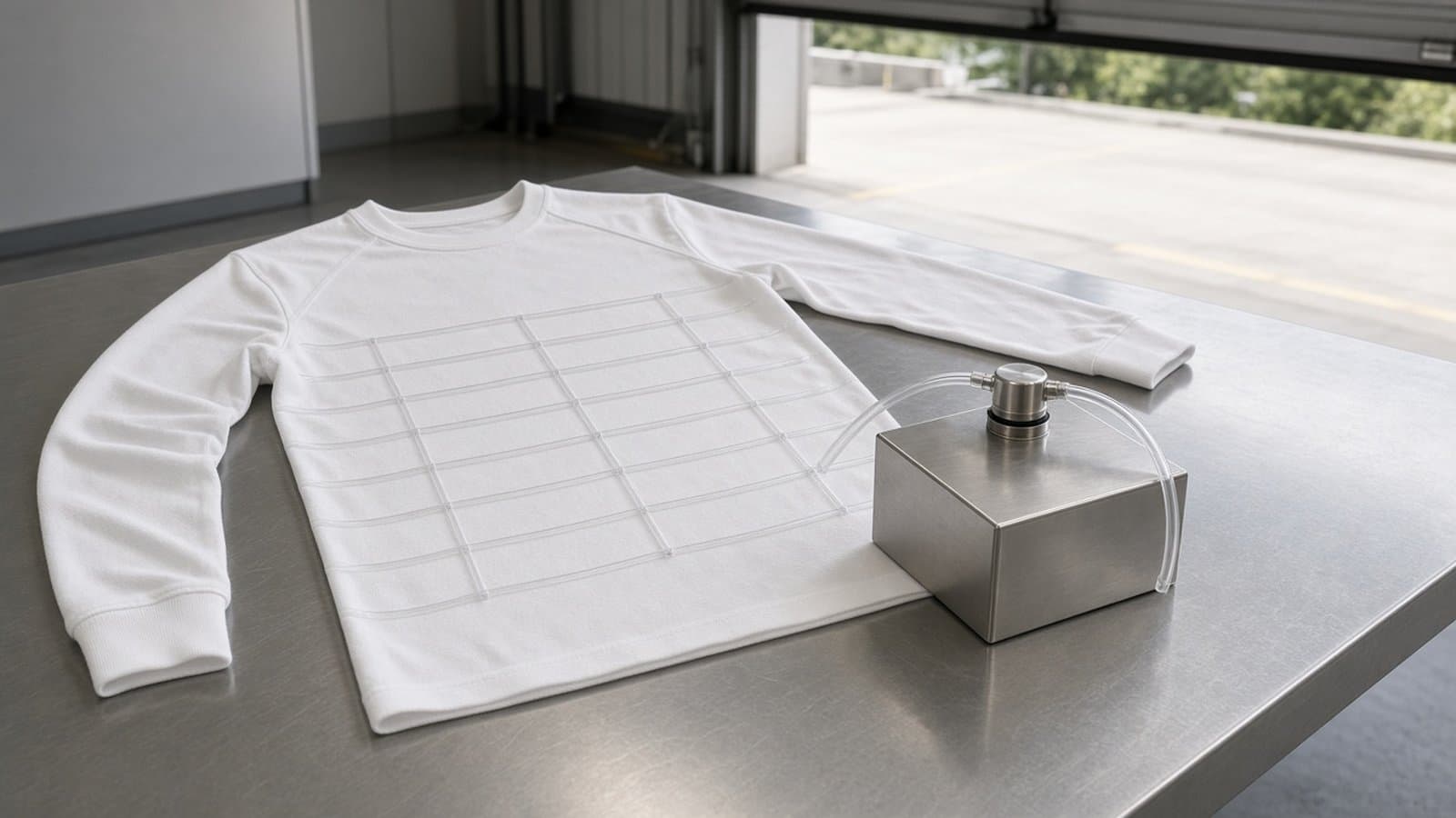 Camiseta ignífuga blanca sin marcas con finos tubos de refrigeración sobre un banco de trabajo en un garaje de boxes iluminado por luz de día, sin logos ni texto