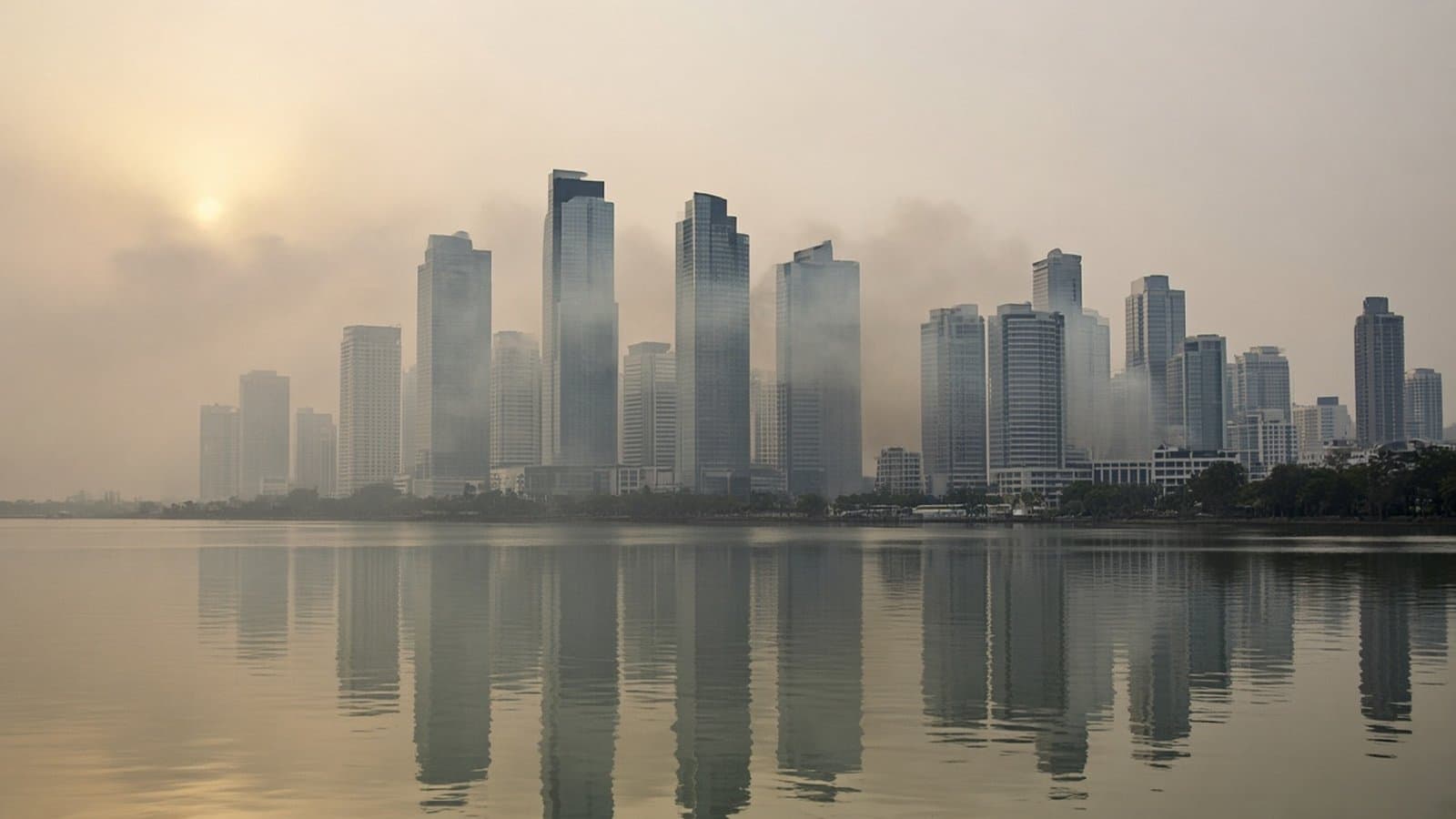 Rascacielos junto a una bahía cubiertos por una bruma de humo durante el día, con el sol apagado y el cielo gris amarillento, sin logos ni texto