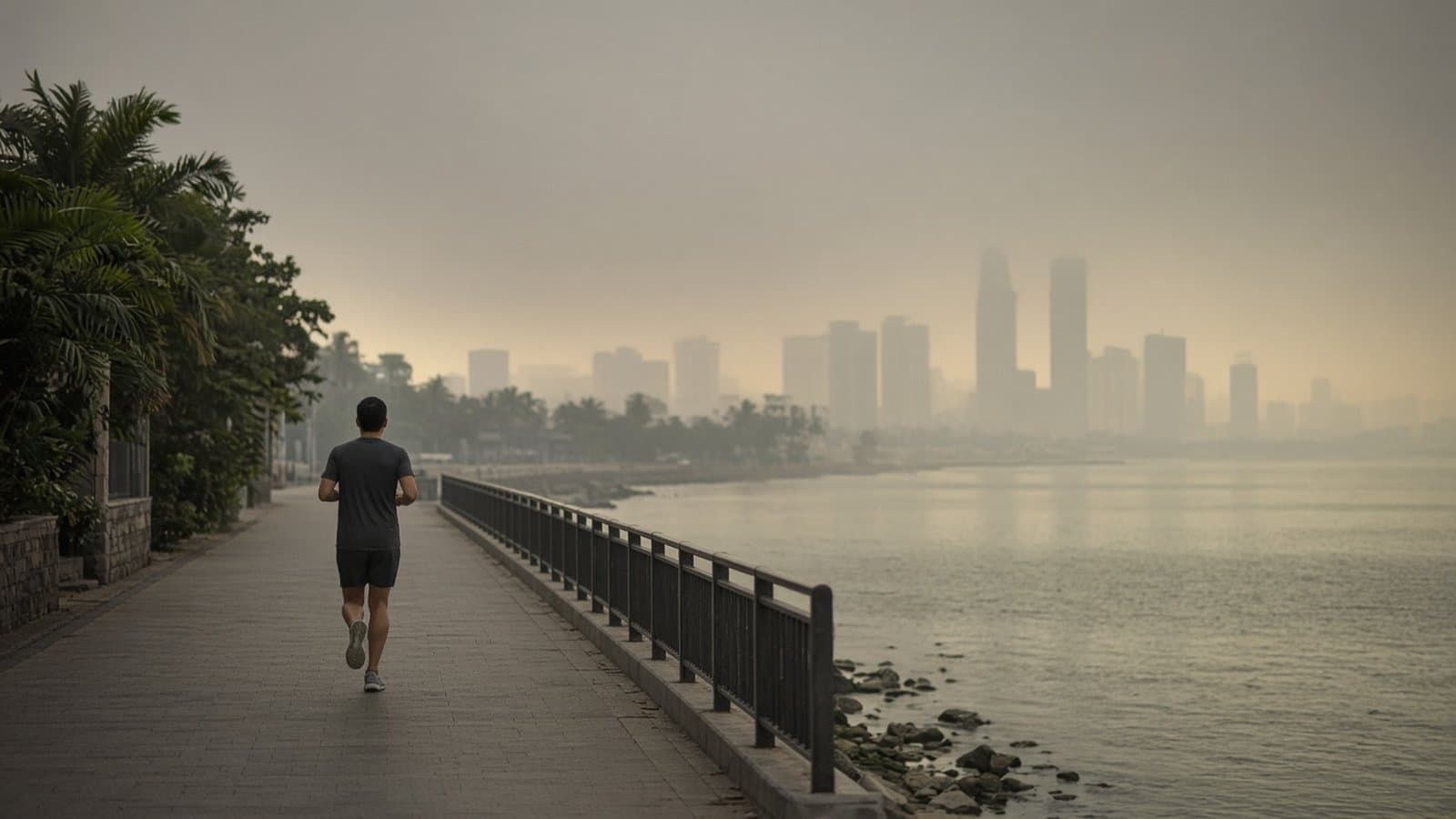 Persona corriendo de espaldas por un paseo junto al agua en un día con bruma de humo, ciudad difuminada al fondo, sin logos ni texto