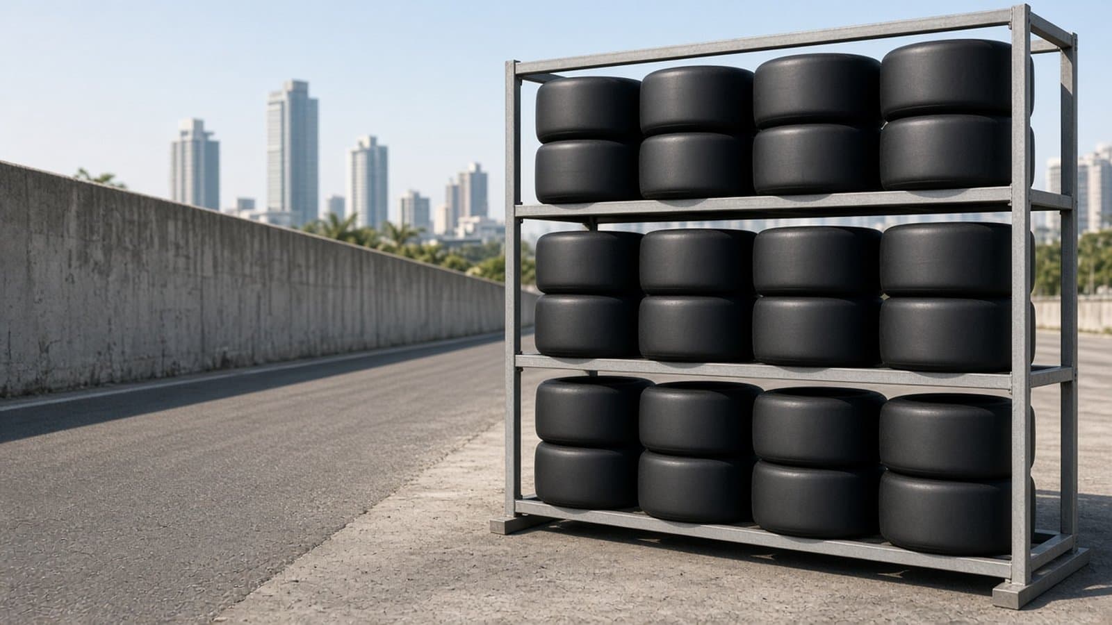 Juegos de neumáticos lisos genéricos sin marcas apilados junto al muro de boxes de un circuito urbano durante el día, sin logos ni texto