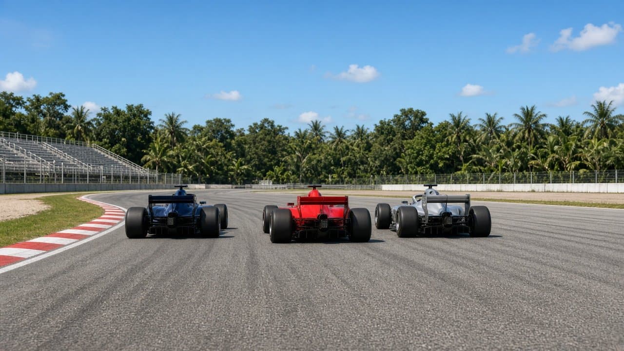 Circuito tropical de día con monoplazas genéricos sin logos ni números rodando en asfalto seco, vista trasera lejana, gradas pétalo vacías al fondo
