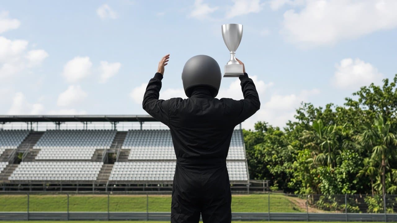 Piloto de espaldas con casco liso genérico sin marcas alza un trofeo simple en podium diurno de circuito tropical, sin logos ni rostros visibles