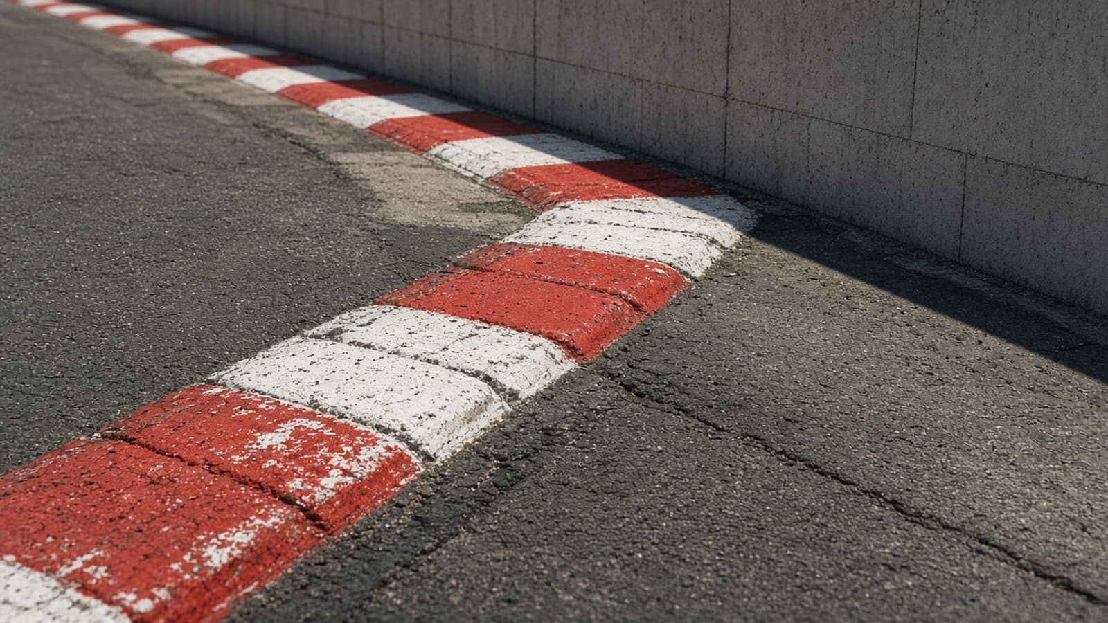 Pianos rojos y blancos en una curva lenta de un circuito urbano de día, con asfalto irregular y muros de hormigón sin publicidad