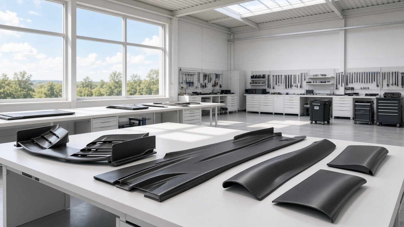 Taller de fábrica luminoso con piezas de fibra de carbono sin marcas sobre mesas de trabajo, iluminado por luz natural, sin personas, logos ni texto