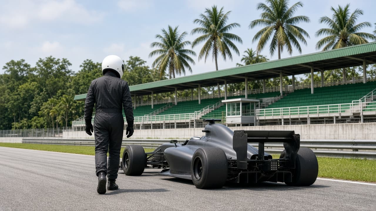 Silueta genérica de piloto con mono oscuro y casco liso bajo sol intenso de día en Sepang, sin rostro ni logos
