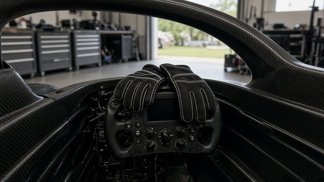 Cockpit vacío de un monoplaza, con guantes de piloto sobre el volante, en un garaje con luz natural