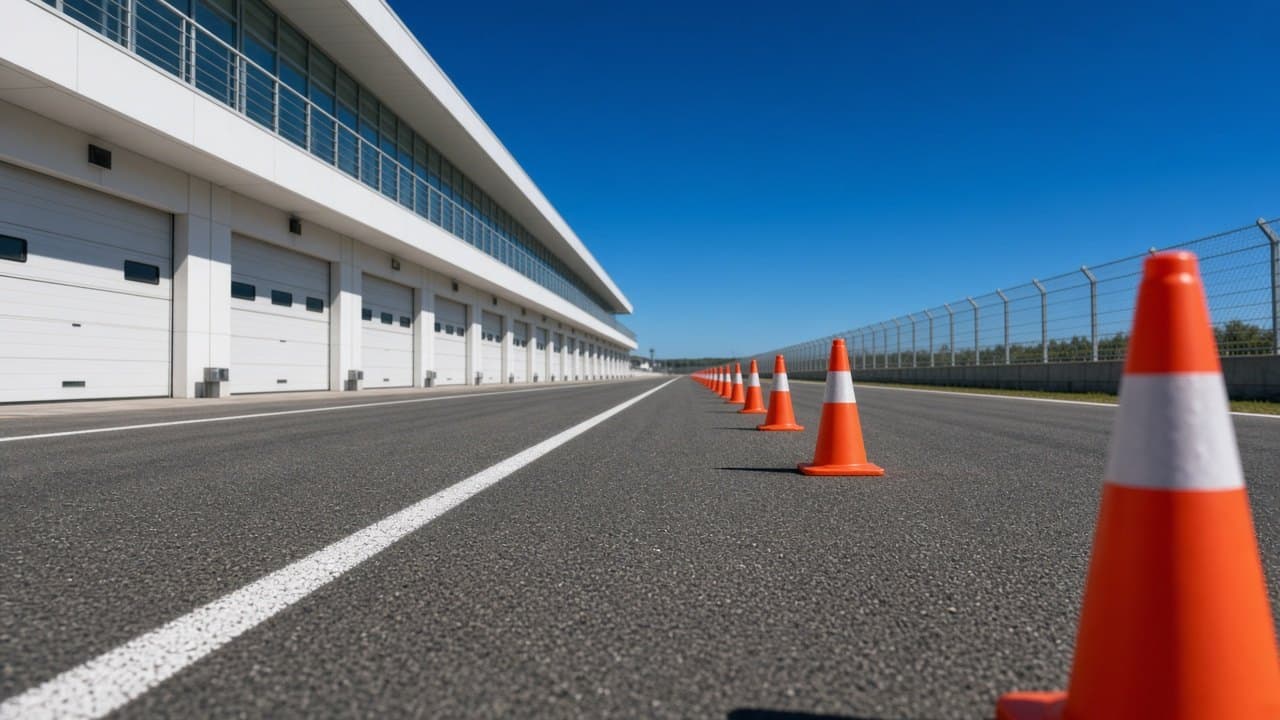 Pit lane vacío de día, con conos naranjas a lo largo del asfalto y el edificio de boxes a la izquierda