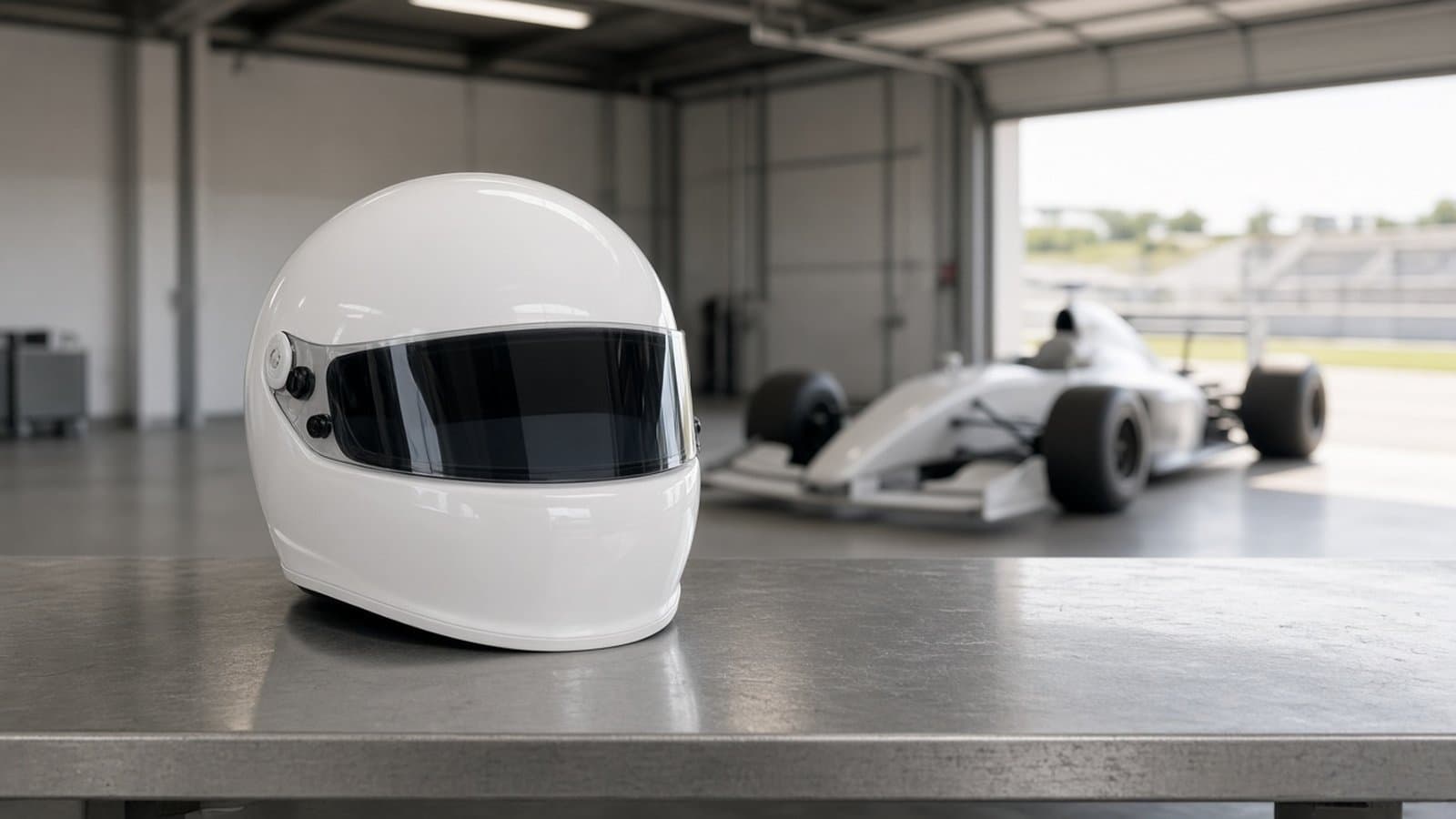 Casco de carreras blanco liso, sin marcas ni logos, apoyado sobre una mesa en un garaje de boxes iluminado por luz de día