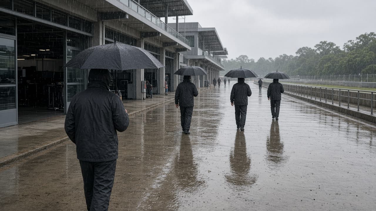 Pit lane de Sepang bajo la lluvia, con un monoplaza naranja en boxes y el asfalto cubierto de charcos