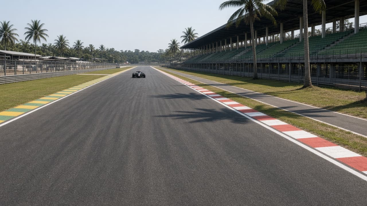 Recta vacía de Sepang de día, con vapor sobre el asfalto caliente, gradas verdes y selva al fondo