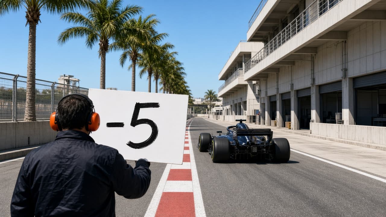 Monoplaza azul oscuro en el pit lane y un panel blanco con −5, bajo palmeras en un día de Sepang